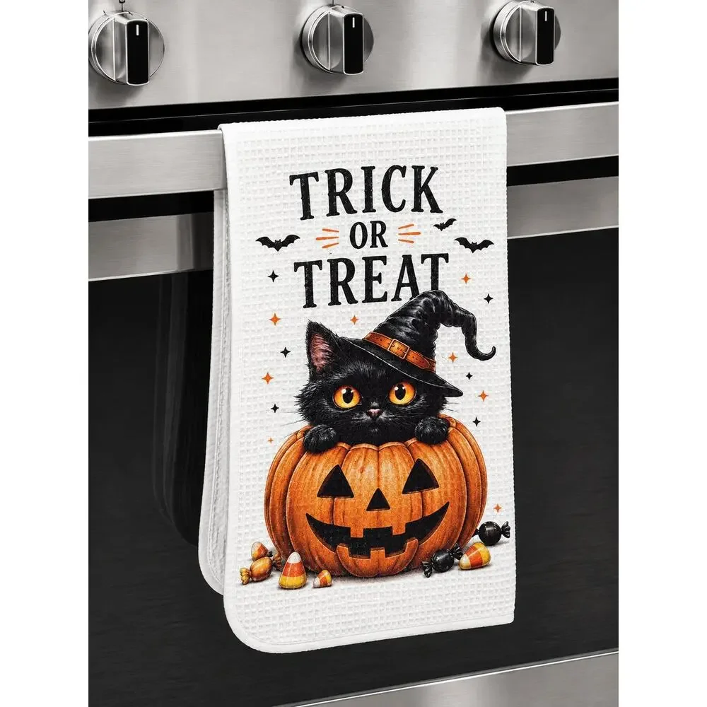 Trick or Treat Halloween Kitchen Towel Black Cat Pumpkin Farmhouse Decor